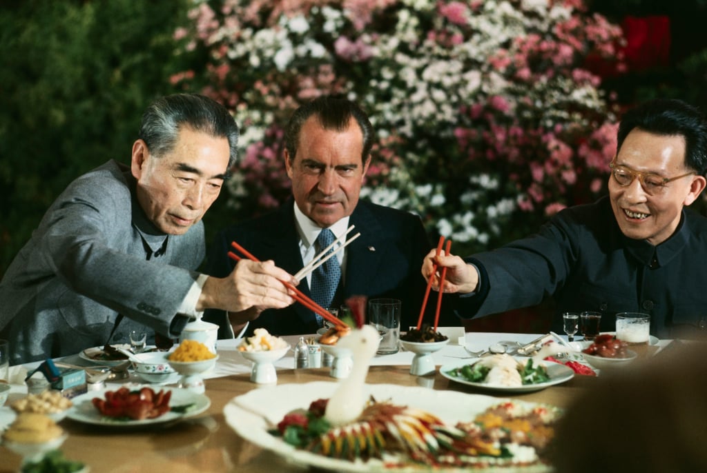 US president Richard Nixon dines with Chinese premier Zhou Enlai (left) and Shanghai Communist Party leader Zhang Chunqiao on February 27, 1972. Photo: Getty Images