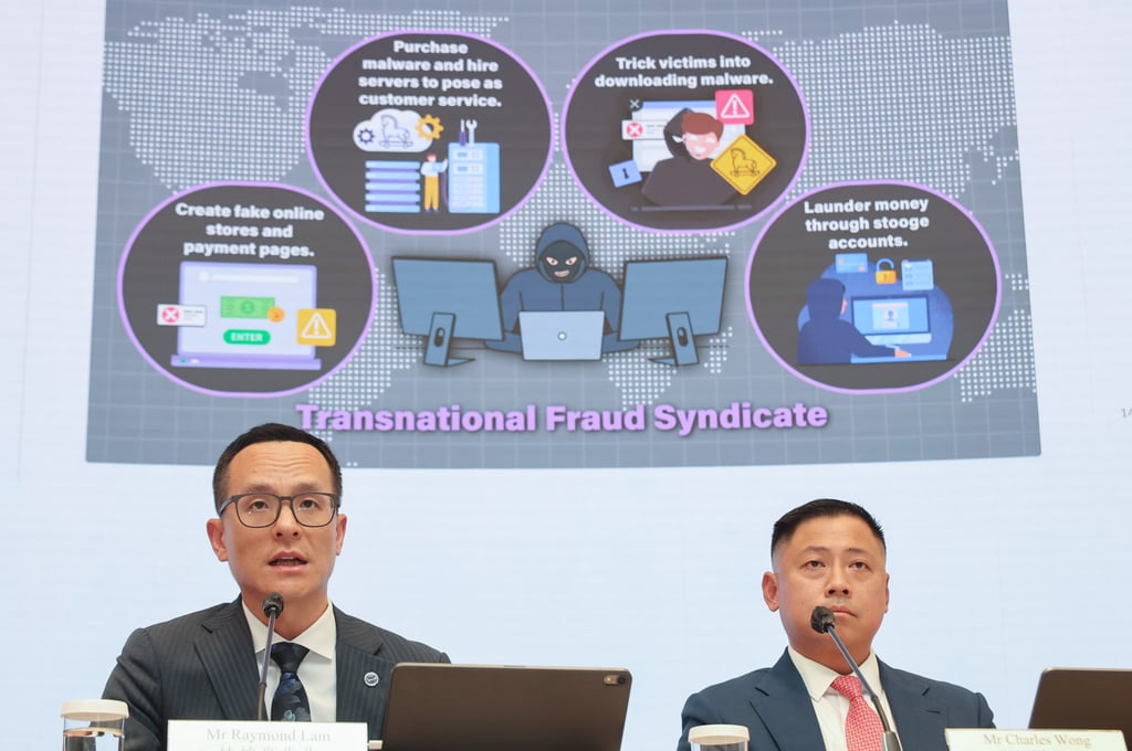 Raymond Lam Cheuk-ho, chief superintendent of Hong Kong police’s cybersecurity and technology crime bureau (left) and Charles Wong, head of financial crime and the money laundering reporting officer with HSBC, at a press conference on Hong Kong Monetary Authority anti-fraud measures early in August. Photo: Edmond So